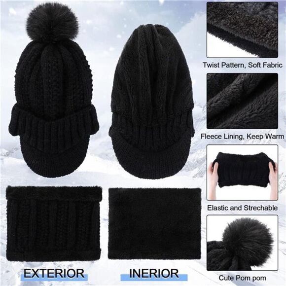 5 Pieces Women Winter Warm Set Knit Beanie Hat Scarf Touchscreen Gloves - Picture 3 of 7